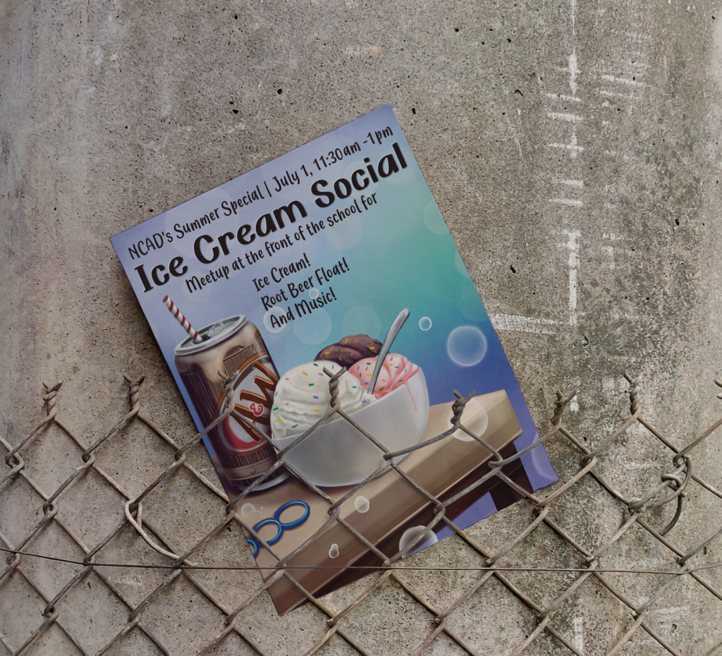 Poster Mockup of Ice Cream Social in between a wire fence and concrete wall. On the poster there is an illustration of Ginger Ale Soda can and three scoops of ice cream in a bowl. 